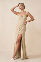 Champagne Cami Strap Sheath Ruched Bridesmaid Dress With Slit | KISSBRIDAL