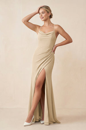 Champagne Cami Strap Sheath Ruched Bridesmaid Dress With Slit | KISSBRIDAL
