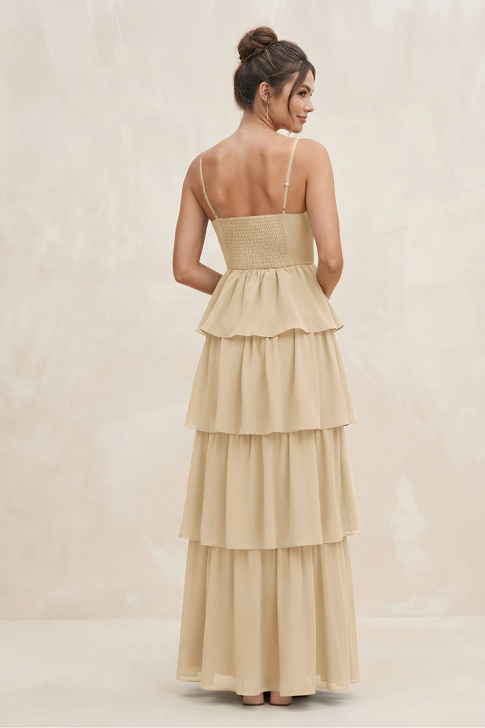 Cami Strap Tiered A-Line Chiffon Bridesmaid Dress in Champagne