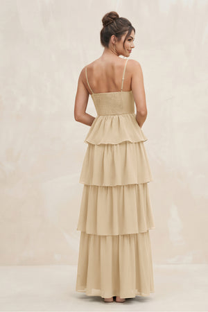 Champagne Cami Strap Tiered A-Line Chiffon Bridesmaid Dress (2) | KISSBRIDAL
