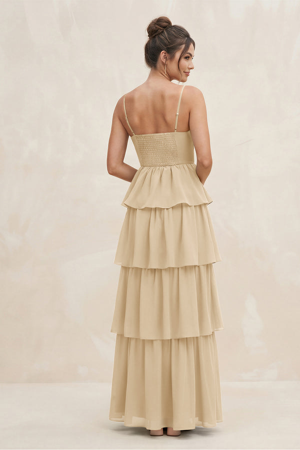Champagne Cami Strap Tiered A-Line Chiffon Bridesmaid Dress (2) | KISSBRIDAL