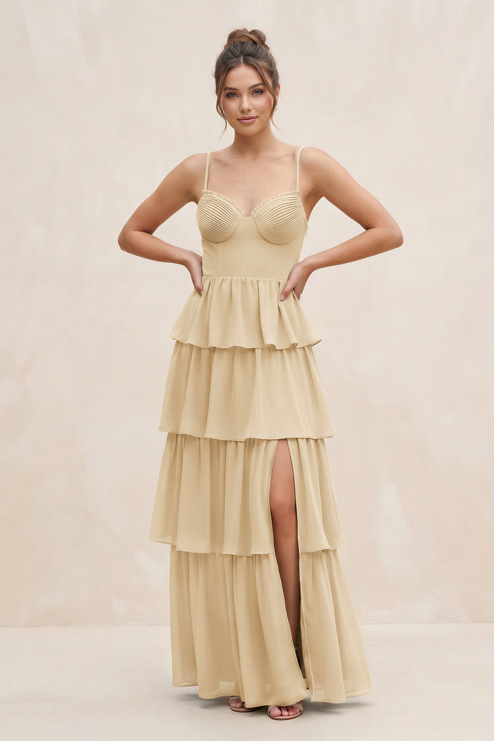 Cami Strap Tiered A-Line Chiffon Bridesmaid Dress in Champagne