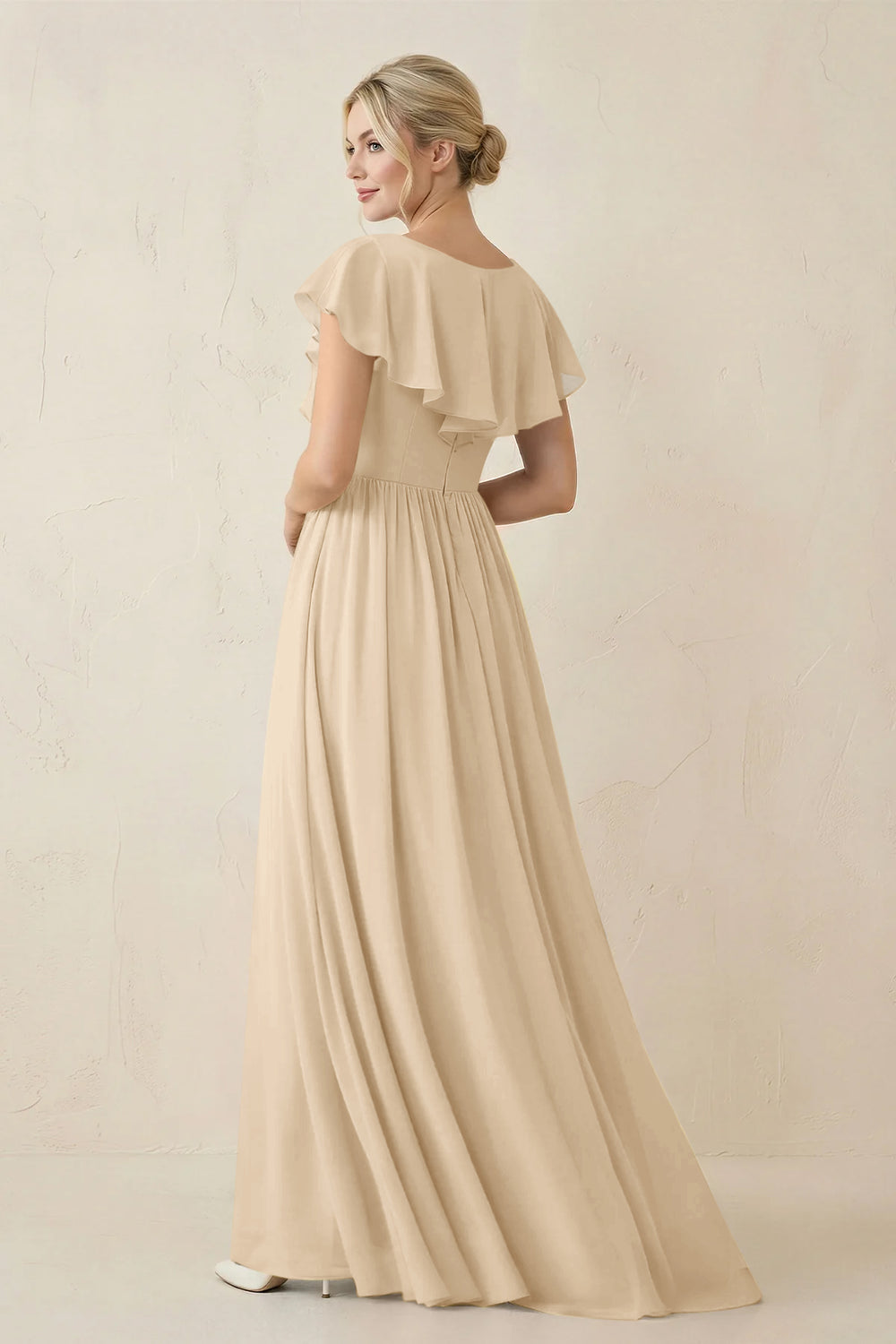 Cap Sleeve A-Line Ruffled Chiffon Bridesmaid Dress in Champagne