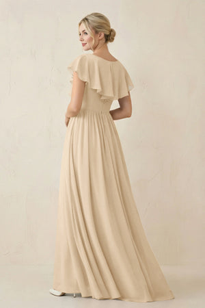 Champagne Cap Sleeve A-Line Ruffled Chiffon Bridesmaid Dress (2) | KISSBRIDAL
