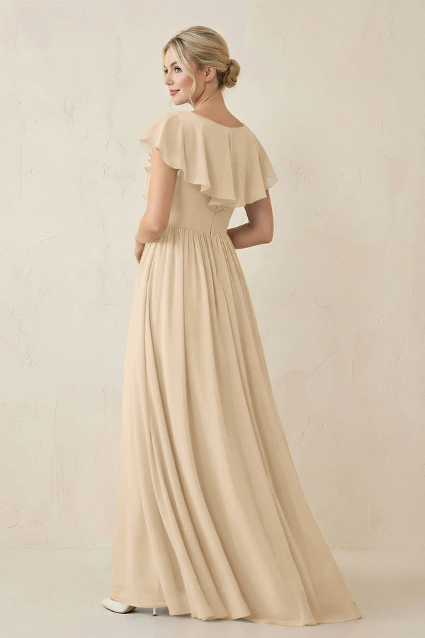 Champagne Cap Sleeve A-Line Ruffled Chiffon Bridesmaid Dress (2) | KISSBRIDAL