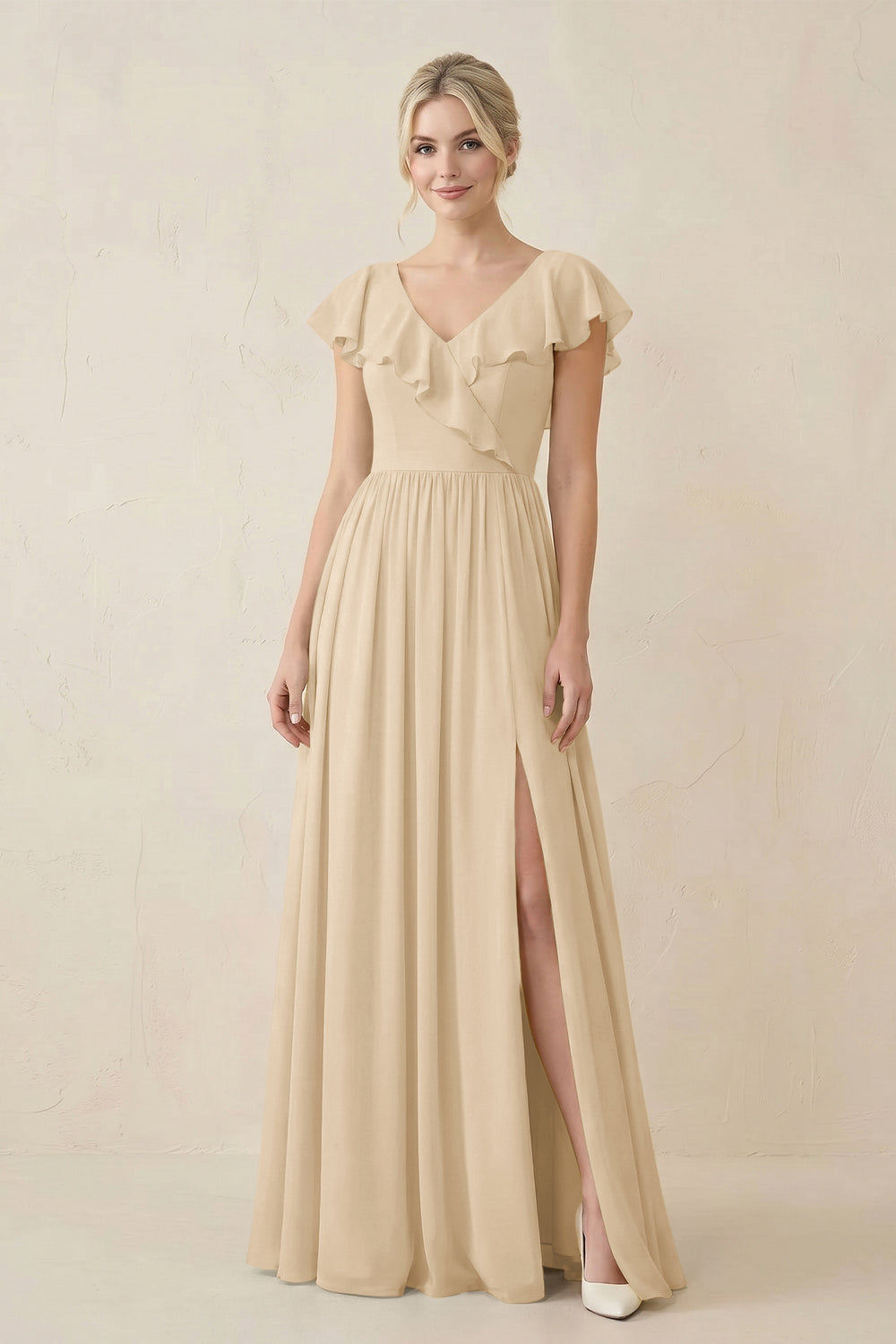 Cap Sleeve A-Line Ruffled Chiffon Bridesmaid Dress in Champagne