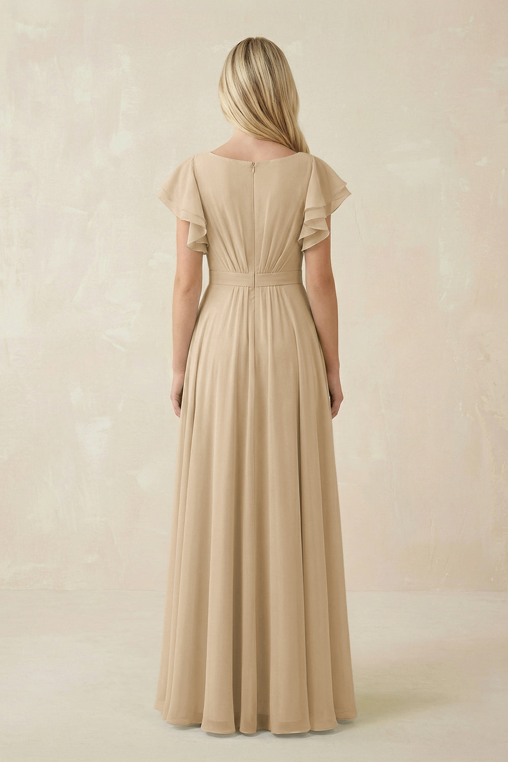 Cap Sleeve Ruffled A-Line Chiffon Bridesmaid Dress in Champagne