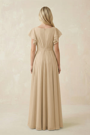 Champagne Cap Sleeve Ruffled A-Line Chiffon Bridesmaid Dress (2) | KISSBRIDAL