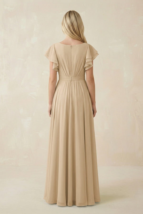 Champagne Cap Sleeve Ruffled A-Line Chiffon Bridesmaid Dress (2) | KISSBRIDAL