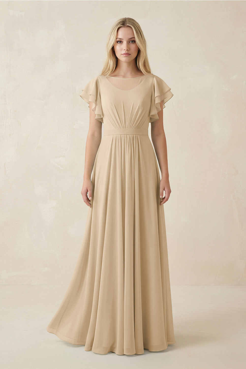 Cap Sleeve Ruffled A-Line Chiffon Bridesmaid Dress in Champagne