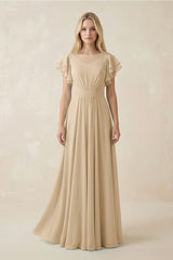 Champagne Cap Sleeve Ruffled A-Line Chiffon Bridesmaid Dress | KISSBRIDAL