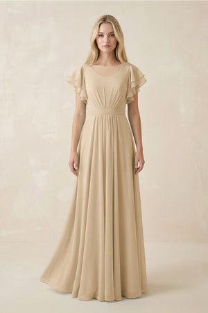 Champagne Cap Sleeve Ruffled A-Line Chiffon Bridesmaid Dress | KISSBRIDAL