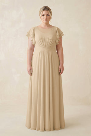 Champagne Cap Sleeve Ruffled A-Line Chiffon Bridesmaid Dress | KISSBRIDAL