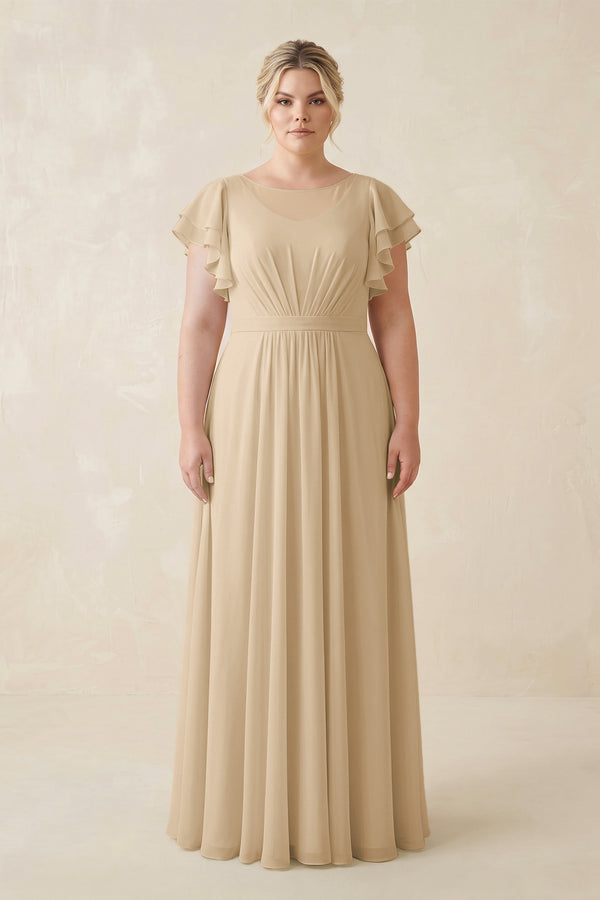 Champagne Cap Sleeve Ruffled A-Line Chiffon Bridesmaid Dress | KISSBRIDAL