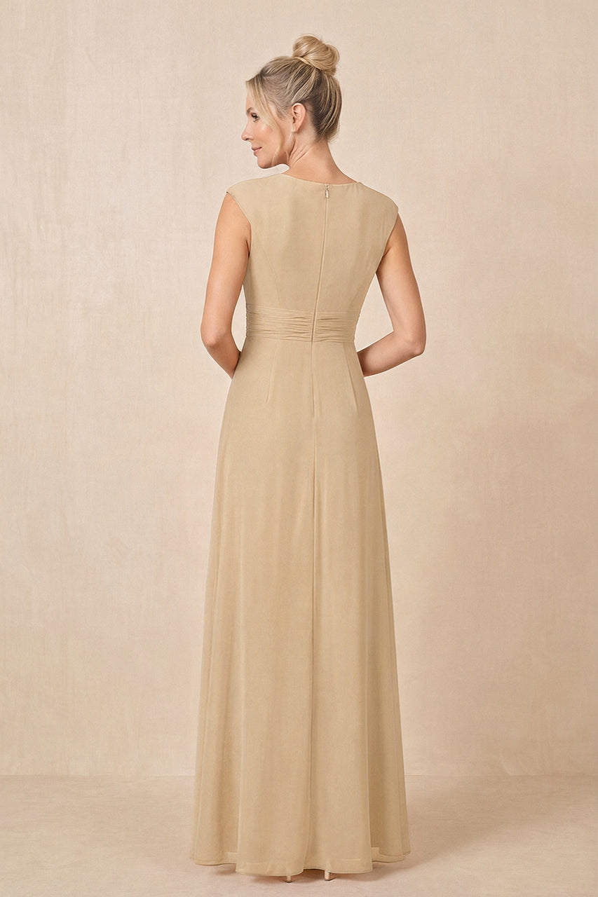 Champagne Cap Sleeves A-Line Chiffon Pleated Ruffled Mother of the Bride Dress