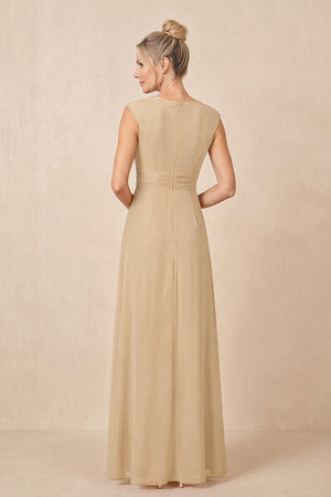 Champagne Cap Sleeves A-Line Chiffon Pleated Ruffled Mother of the Bride Dress (2) | KISSBRIDAL