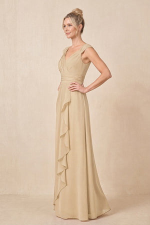 Champagne Cap Sleeves A-Line Chiffon Pleated Ruffled Mother of the Bride Dress (3) | KISSBRIDAL
