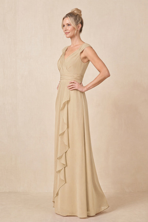 Champagne Cap Sleeves A-Line Chiffon Pleated Ruffled Mother of the Bride Dress (3) | KISSBRIDAL