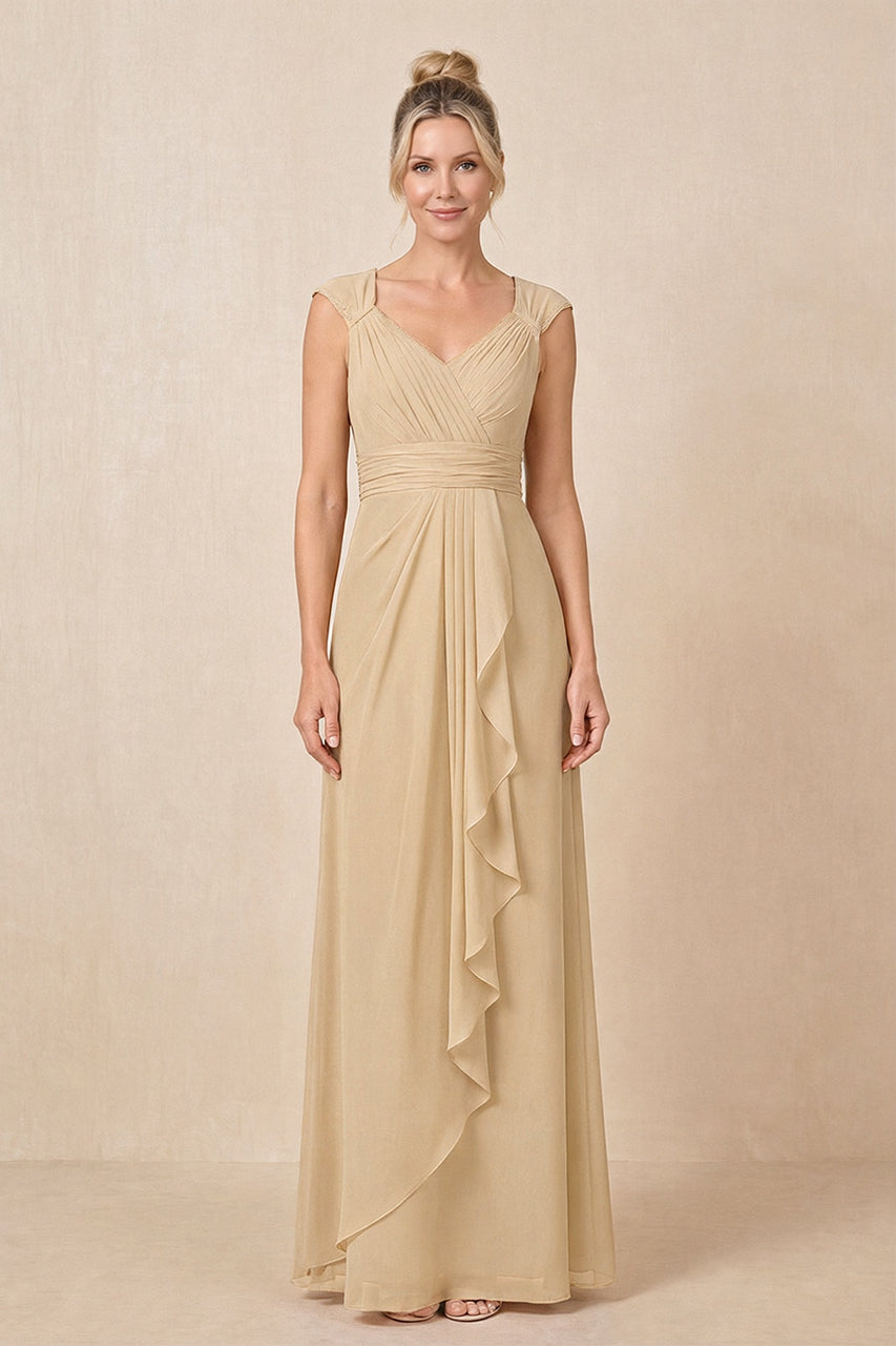 Champagne Cap Sleeves A-Line Chiffon Pleated Ruffled Mother of the Bride Dress