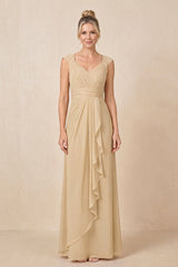Champagne Cap Sleeves A-Line Chiffon Pleated Ruffled Mother of the Bride Dress | KISSBRIDAL