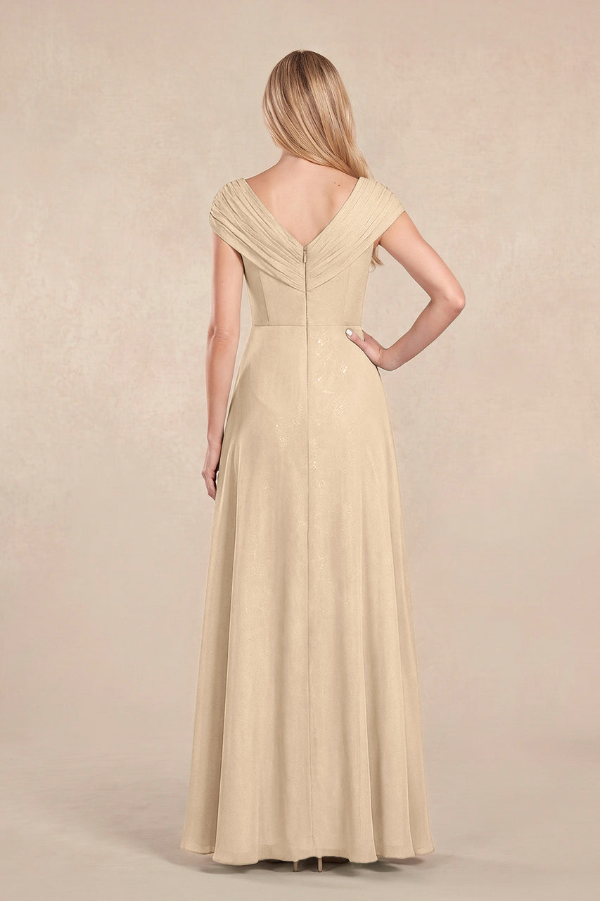 Champagne Cap Sleeves Chiffon A-Line Lace V-Neck Mother of the Bride Dress