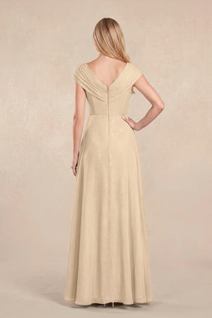 Champagne Cap Sleeves Chiffon A-Line Lace V-Neck Mother of the Bride Dress (2) | KISSBRIDAL