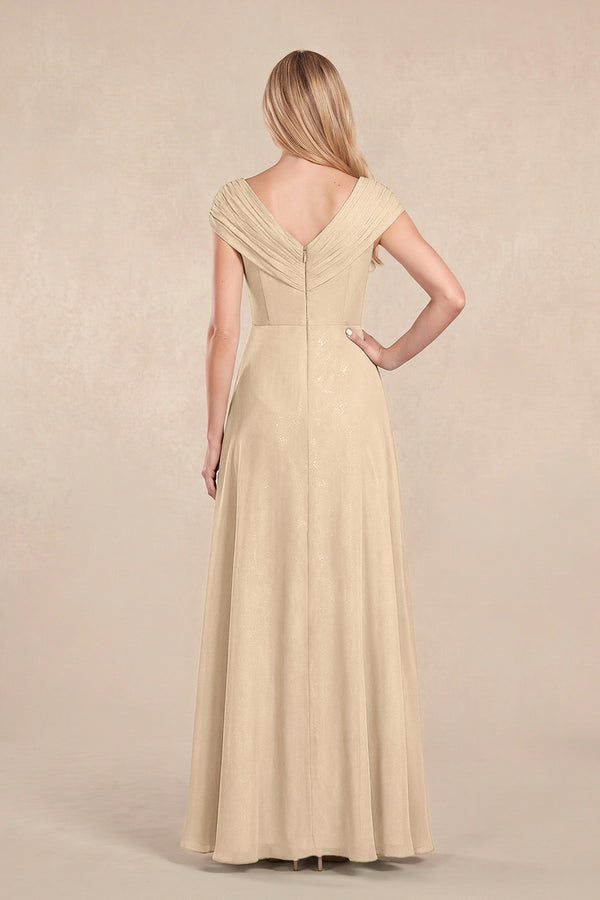 Champagne Cap Sleeves Chiffon A-Line Lace V-Neck Mother of the Bride Dress (2) | KISSBRIDAL