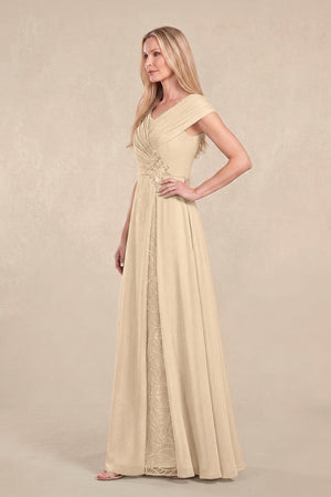 Champagne Cap Sleeves Chiffon A-Line Lace V-Neck Mother of the Bride Dress (3) | KISSBRIDAL