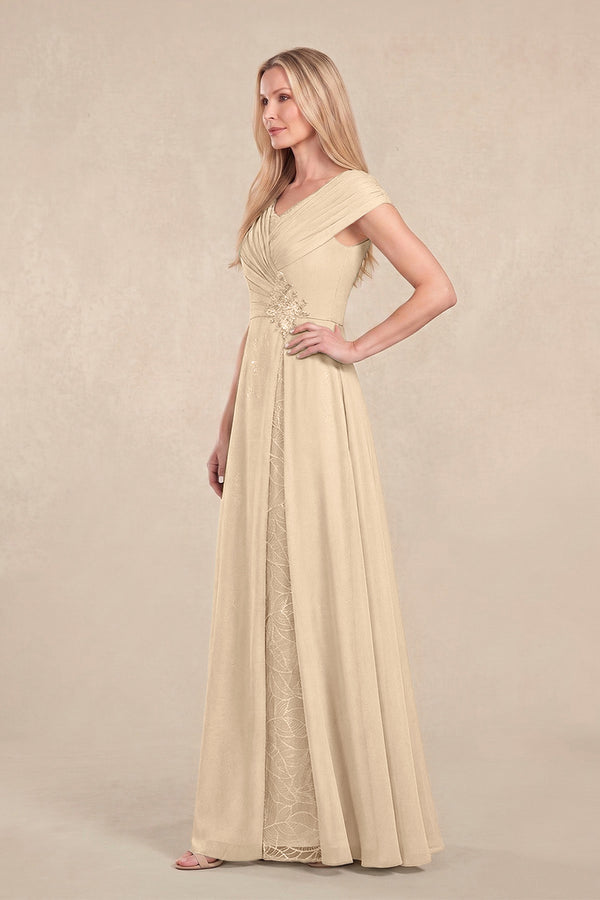 Champagne Cap Sleeves Chiffon A-Line Lace V-Neck Mother of the Bride Dress (3) | KISSBRIDAL