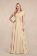 Champagne Cap Sleeves Chiffon A-Line Lace V-Neck Mother of the Bride Dress | KISSBRIDAL