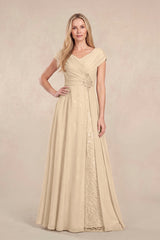 Champagne Cap Sleeves Chiffon A-Line Lace V-Neck Mother of the Bride Dress | KISSBRIDAL