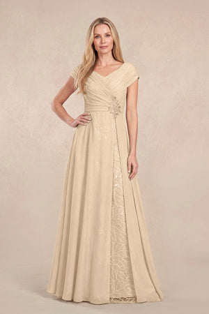 Champagne Cap Sleeves Chiffon A-Line Lace V-Neck Mother of the Bride Dress | KISSBRIDAL