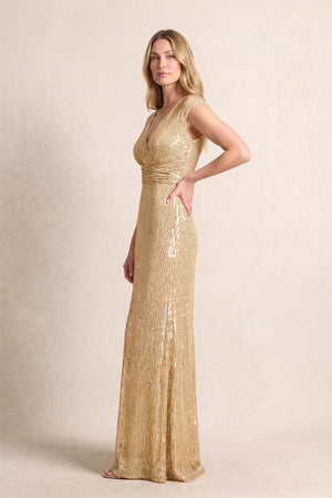 Champagne Cap Sleeves Sheath V-Neck Mother of the Bride Dress with Sequins (3) | KISSBRIDAL