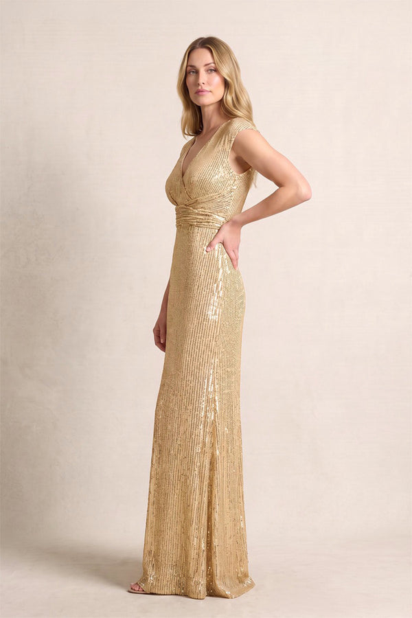 Champagne Cap Sleeves Sheath V-Neck Mother of the Bride Dress with Sequins (3) | KISSBRIDAL