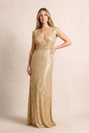 Champagne Cap Sleeves Sheath V-Neck Mother of the Bride Dress with Sequins | KISSBRIDAL