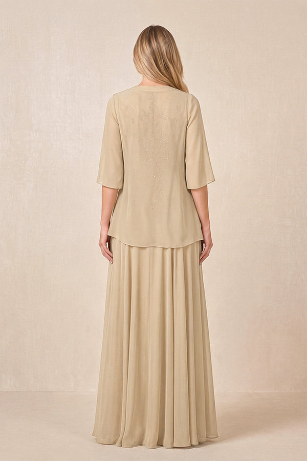 Champagne Cape Sleeves A-Line Chiffon Scoop Neck Embroidered Mother of the Bride Dress (2) | KISSBRIDAL