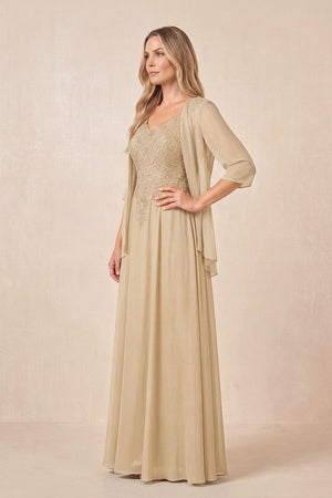 Champagne Cape Sleeves A-Line Chiffon Scoop Neck Embroidered Mother of the Bride Dress (3) | KISSBRIDAL