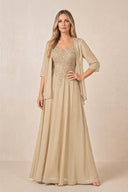 Champagne Cape Sleeves A-Line Chiffon Scoop Neck Embroidered Mother of the Bride Dress | KISSBRIDAL