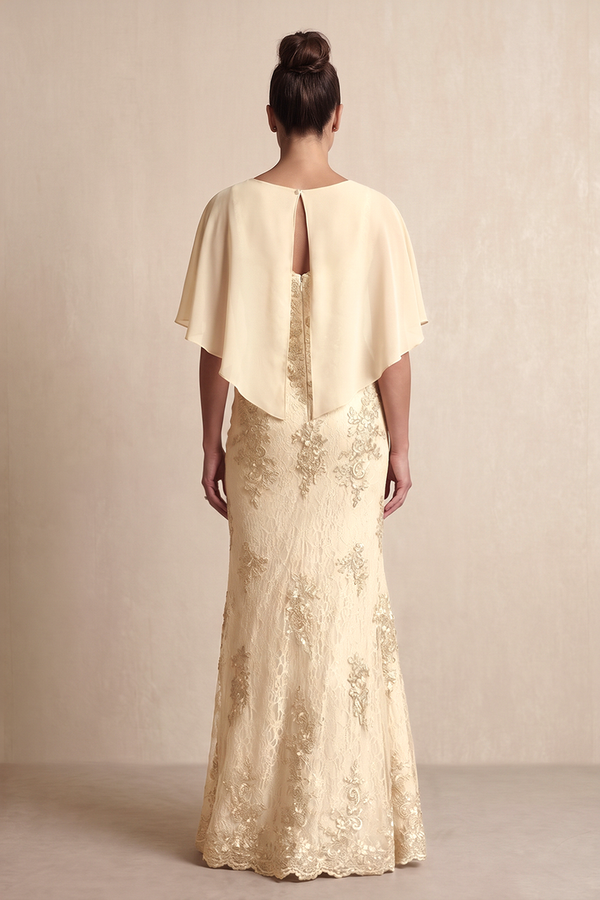Champagne Cape Sleeves Mermaid Lace Embroidered Mother of the Bride Dress (2) | KISSBRIDAL