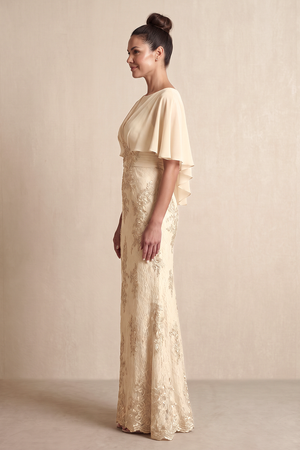 Champagne Cape Sleeves Mermaid Lace Embroidered Mother of the Bride Dress (3) | KISSBRIDAL