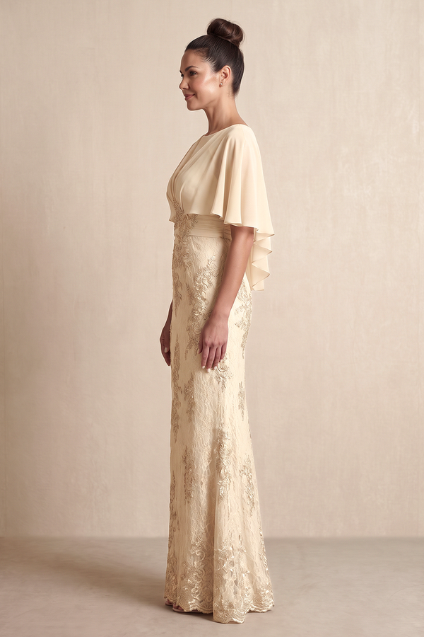 Champagne Cape Sleeves Mermaid Lace Embroidered Mother of the Bride Dress (3) | KISSBRIDAL