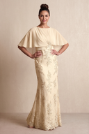 Champagne Cape Sleeves Mermaid Lace Embroidered Mother of the Bride Dress | KISSBRIDAL