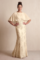 Champagne Cape Sleeves Mermaid Lace Embroidered Mother of the Bride Dress | KISSBRIDAL