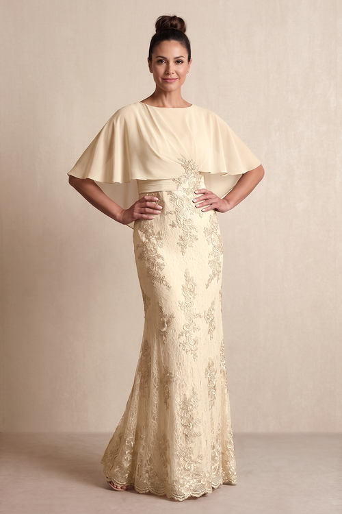 Champagne Cape Sleeves Mermaid Lace Embroidered Mother of the Bride Dress | KISSBRIDAL