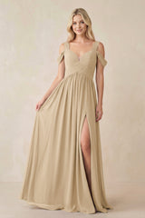 Champagne Chiffon A-Line Bridesmaid Dress with Slit | KISSBRIDAL