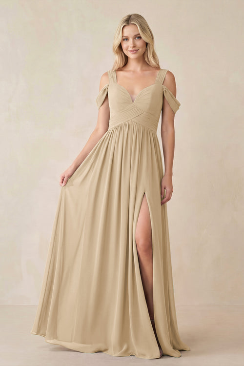 Champagne Chiffon A-Line Bridesmaid Dress with Slit | KISSBRIDAL