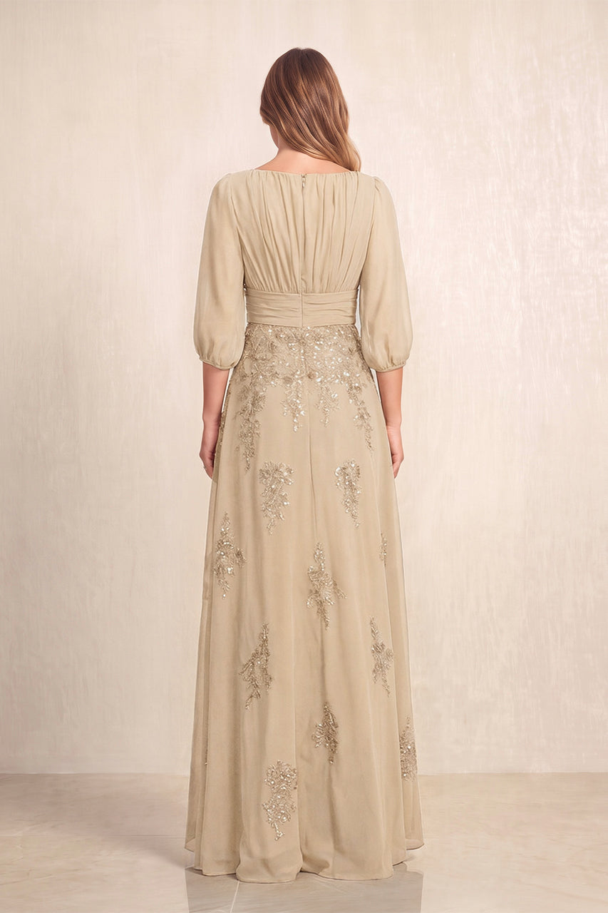 Champagne Chiffon A-Line Embroidered Boat Neck Long Mother of the Bride Dress