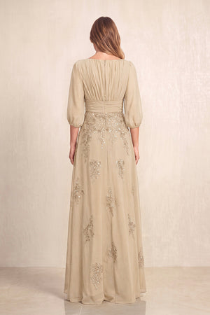 Champagne Chiffon A-Line Embroidered Boat Neck Long Mother of the Bride Dress (2) | KISSBRIDAL