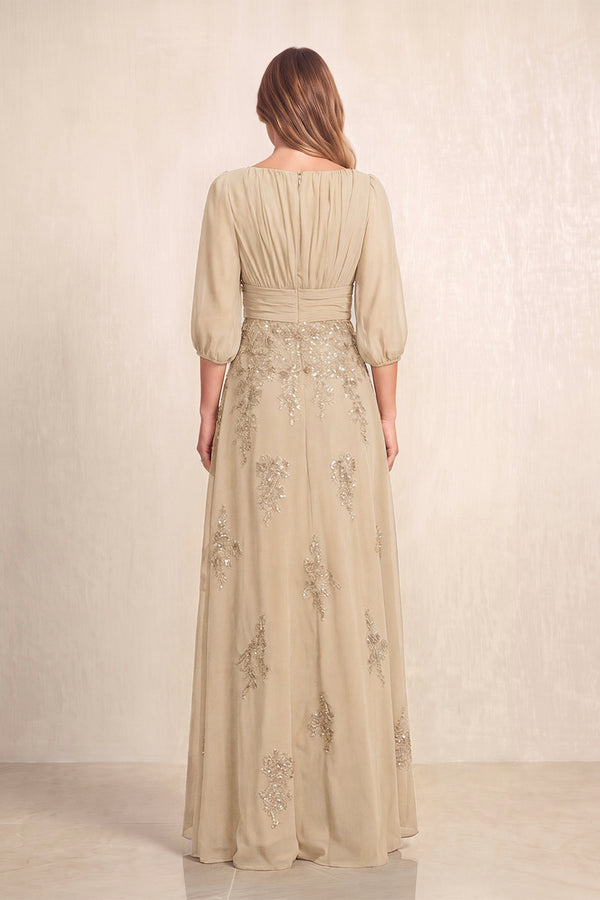 Champagne Chiffon A-Line Embroidered Boat Neck Long Mother of the Bride Dress (2) | KISSBRIDAL