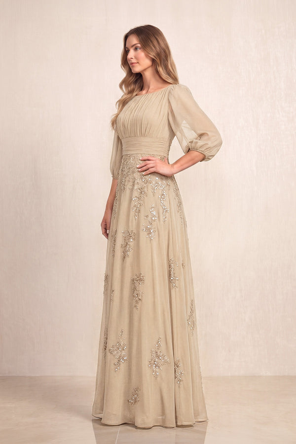 Champagne Chiffon A-Line Embroidered Boat Neck Long Mother of the Bride Dress (3) | KISSBRIDAL